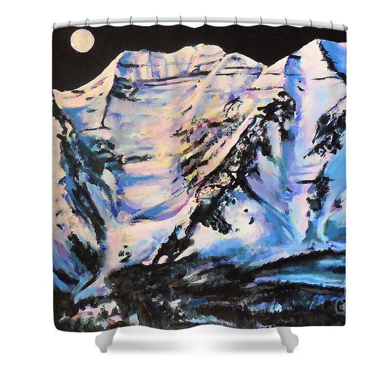 Timpanogos Shower Curtain featuring the painting Mt. Timpanogos Under a Full Moon by Cami Lee