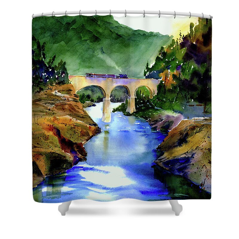Mountain Quarries Bridge Shower Curtain featuring the painting Mtn Quarries RR Bridge by Joan Chlarson