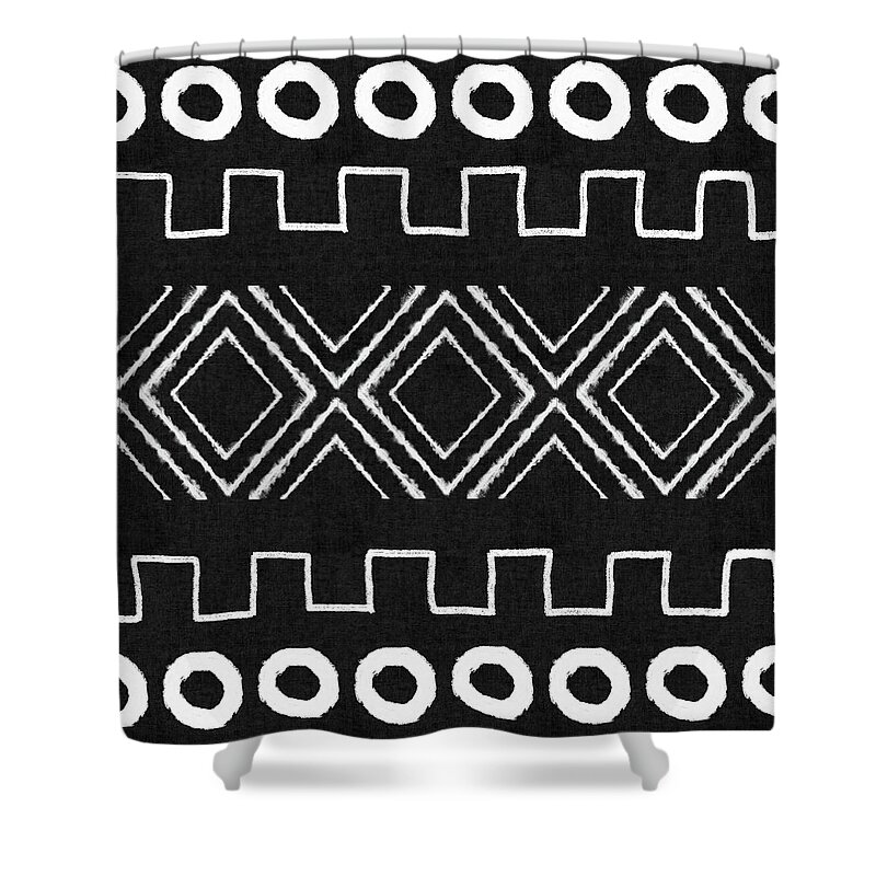 Black Shower Curtain featuring the mixed media Mud Cloth 1- Art by Linda Woods by Linda Woods