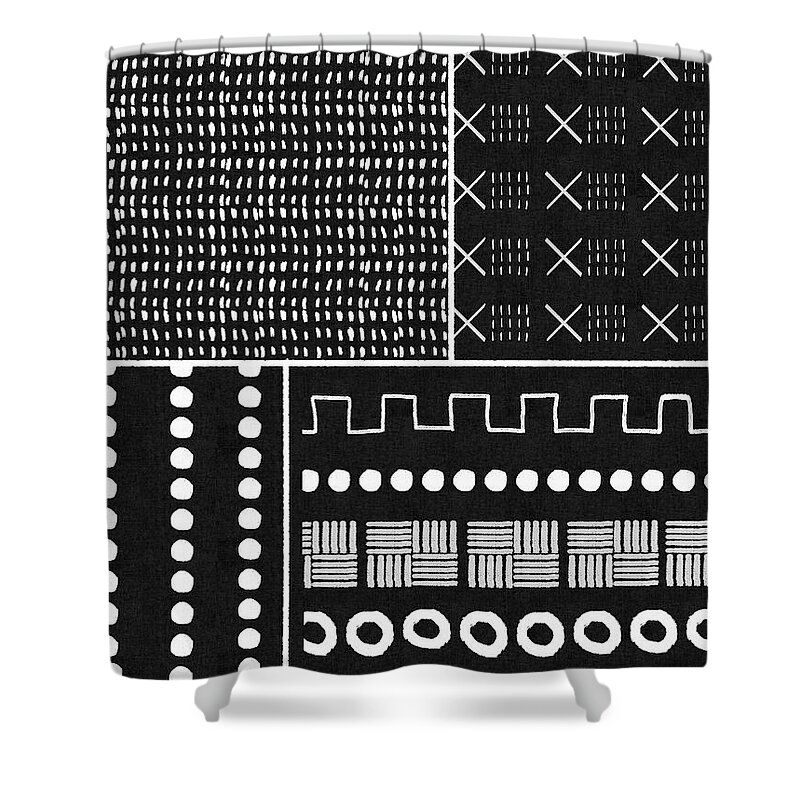 Black Shower Curtain featuring the mixed media Mud Cloth 9- Art by Linda Woods by Linda Woods
