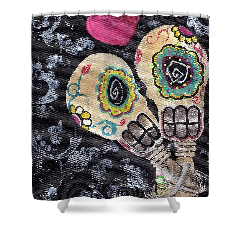 Day Of The Dead Shower Curtain featuring the painting Muertos de Amor by Abril Andrade