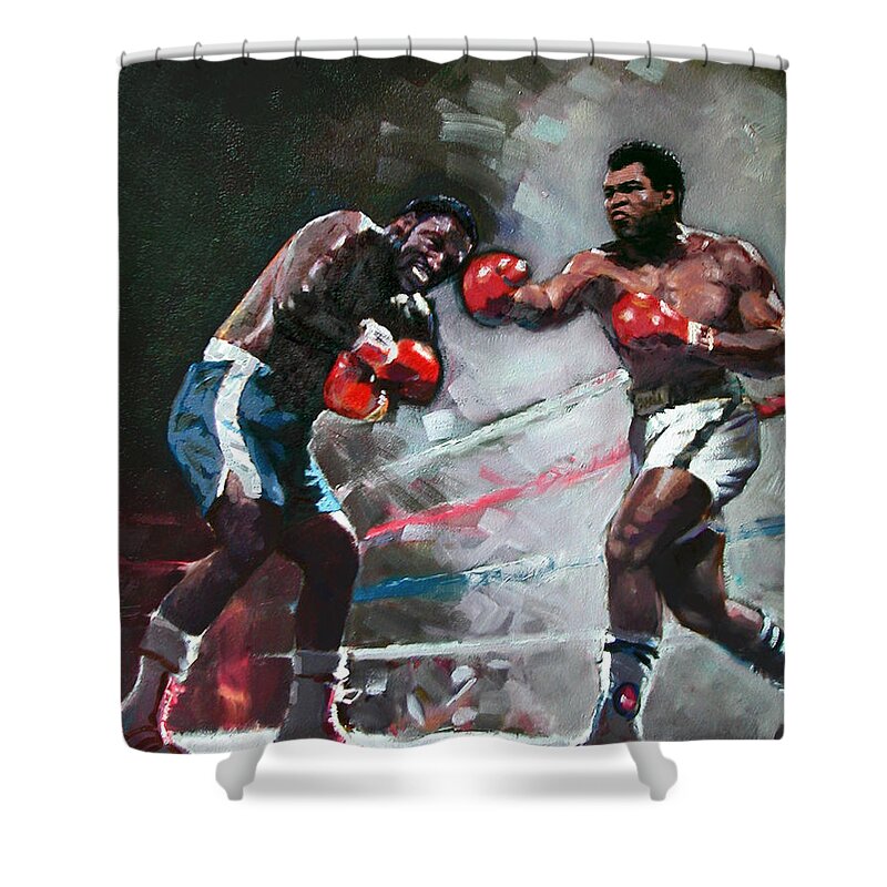 Muhammad Ali Shower Curtain featuring the painting Muhammad Ali and Joe Frazier by Ylli Haruni