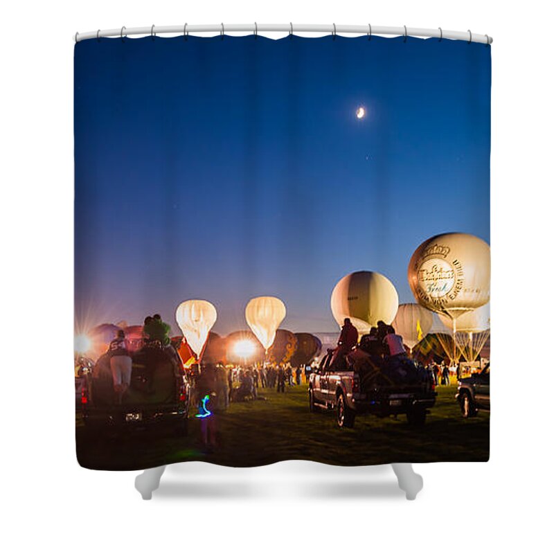 Multiple Hot Air Balloons Shower Curtain featuring the photograph Multiple Hot air Balloons night glow by Charles McCleanon