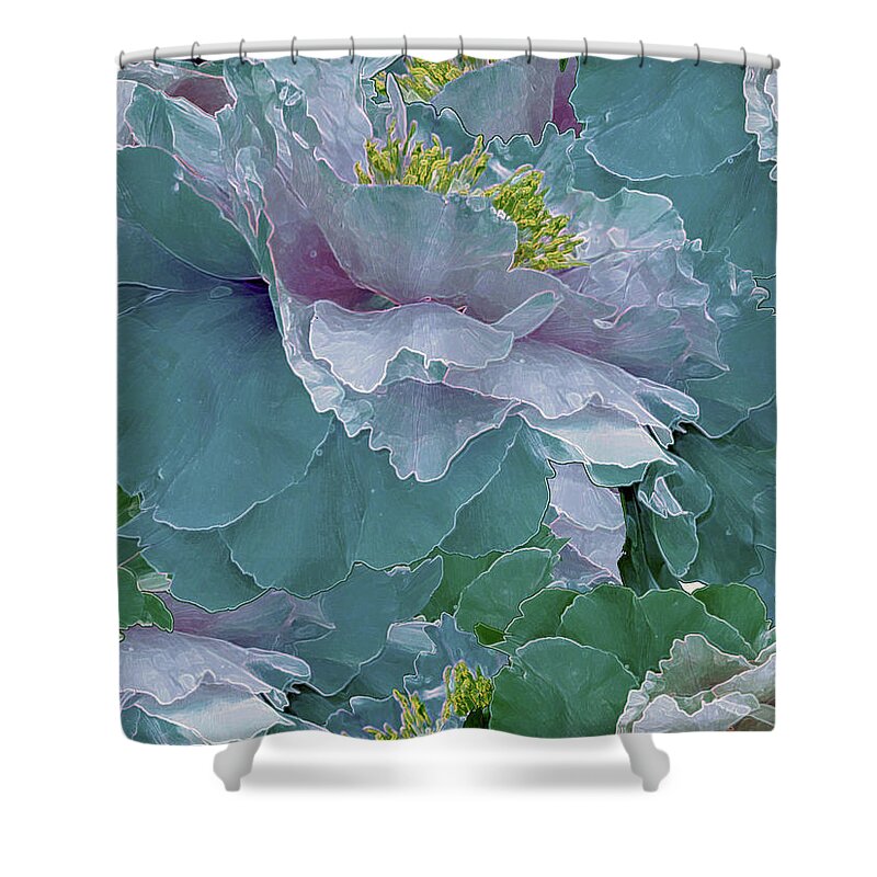 Peony Fantasies Shower Curtain featuring the mixed media Multiplicity 23 by Lynda Lehmann