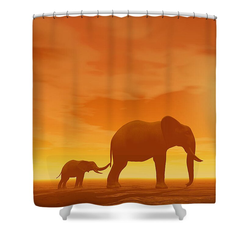 Africa Shower Curtain featuring the digital art Mum and little elephant - 3D render by Elenarts - Elena Duvernay Digital Art