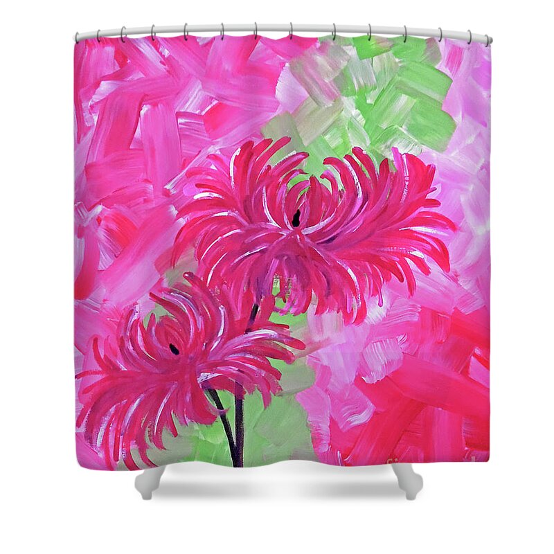 Pink Flowers Shower Curtain featuring the painting Mums the Word by Jilian Cramb - AMothersFineArt