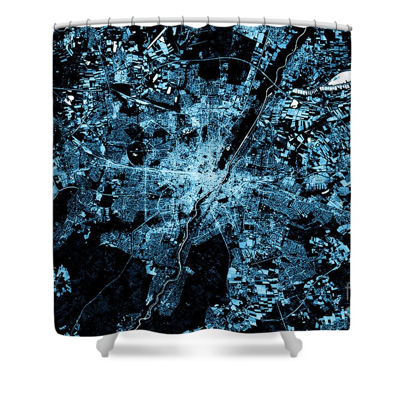 Munich Shower Curtain featuring the digital art Munich Abstract City Map Top View Dark by Frank Ramspott
