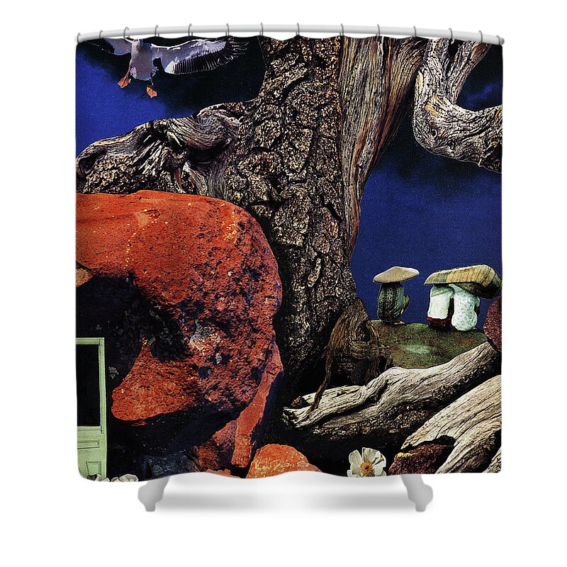 Fantasy Shower Curtain featuring the painting Mushroom People - collage by Linda Apple