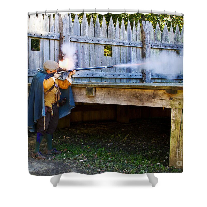 Buildings Shower Curtain featuring the photograph Musket Fire by Kathy McClure