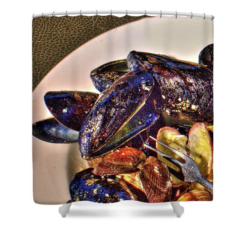 Food Shower Curtain featuring the photograph Mussel Beach by Lawrence Christopher