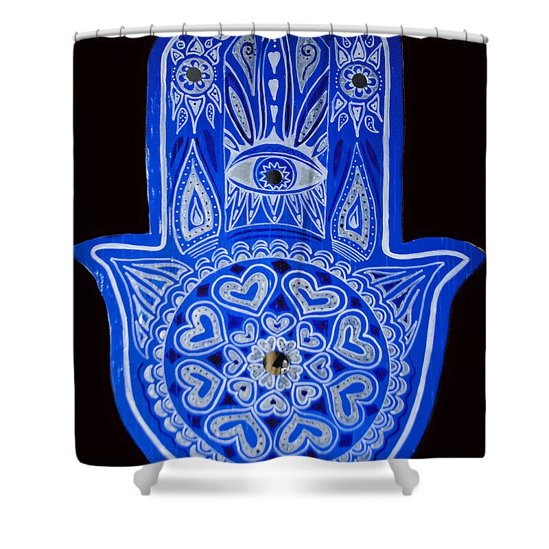 Blue Hamsa Shower Curtain featuring the painting My Blue Hamsa by Patricia Arroyo