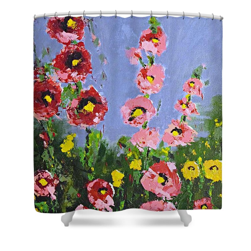 Hollyhocks Shower Curtain featuring the painting My Energy of Peace by Mary Mirabal