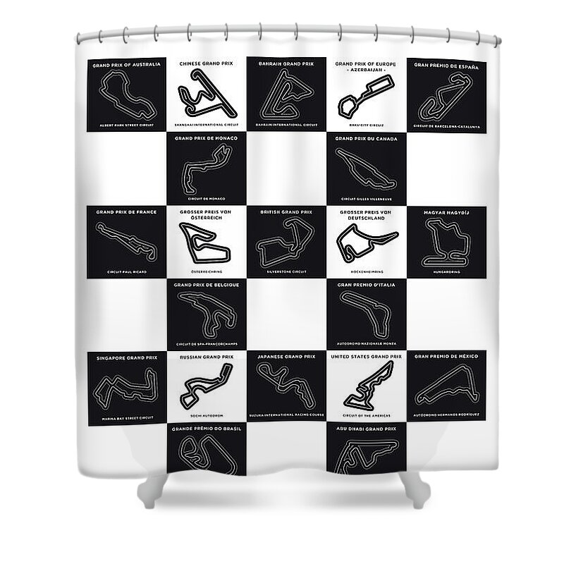Minimal Shower Curtain featuring the digital art My F1 SEASON 2018 Race Track Minimal Poster by Chungkong Art