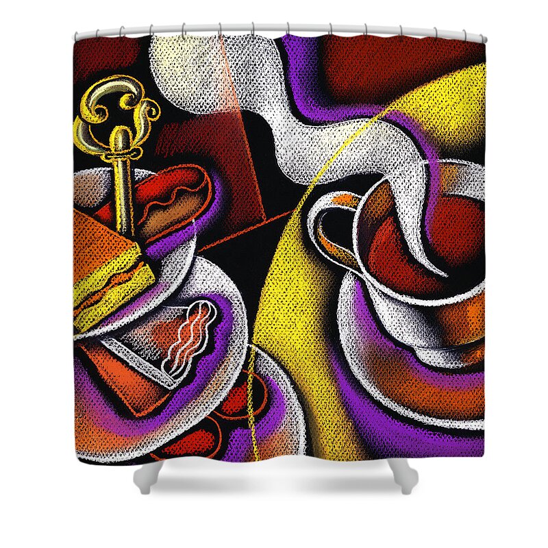 Appetite Baked Goods Coffee Coffee Cup Coffeepot Color Color Image Colour Cup Daytime Dish Drawing Drink Food Food And Drink Fulfilling Group High Angle High Angle View Illustration Illustration And Painting Morning Muffin Nobody Pot Relaxation Resting Satisfaction Saucer Small Group Of Objects Steam Steaming Tea Teacup Teapot Thirst Thirsty Vertical Shower Curtain featuring the painting My Morning Coffee by Leon Zernitsky