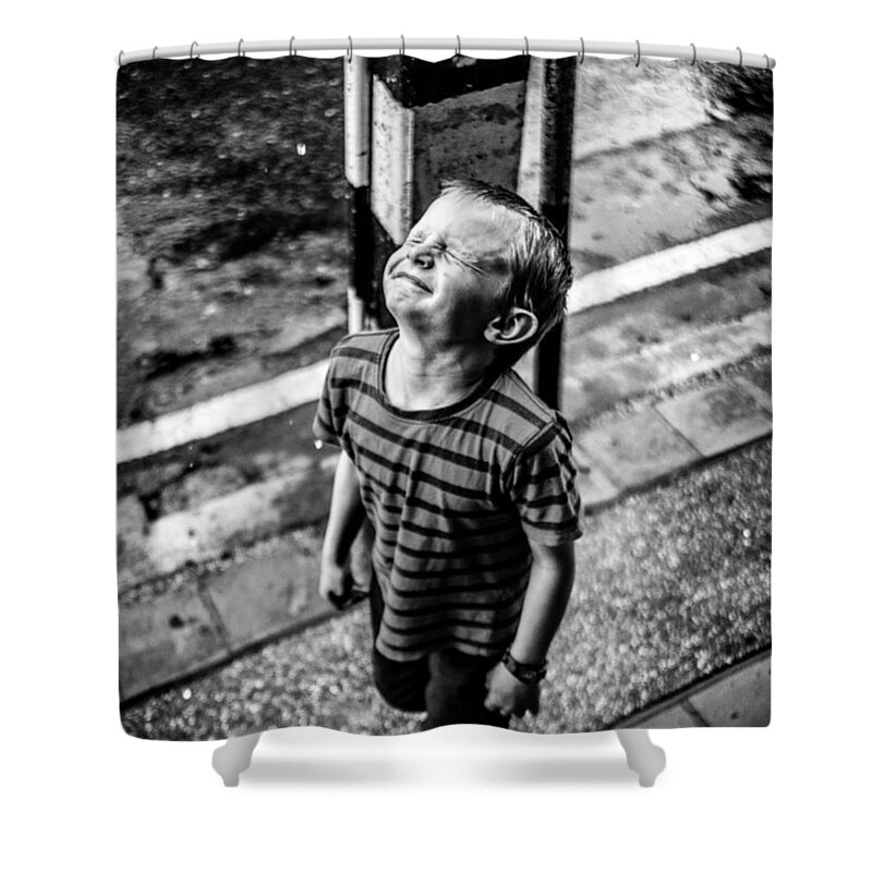 Ywamkids Shower Curtain featuring the photograph My Son, Micah Enjoying The Rain by Aleck Cartwright
