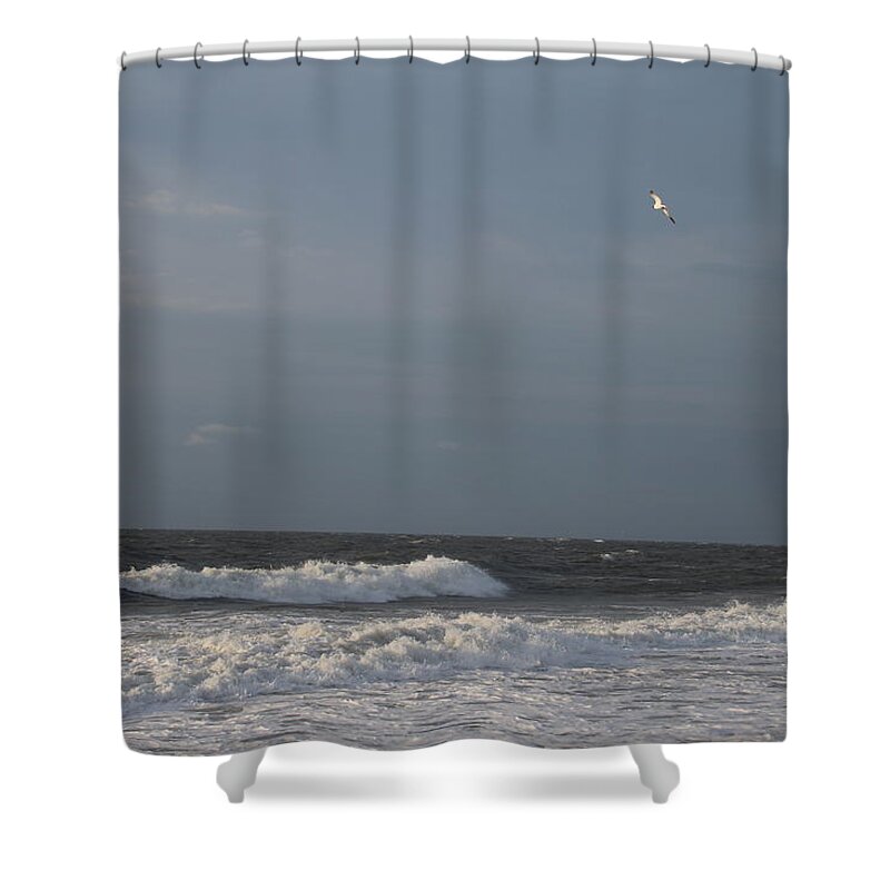 Seagull Sky Clouds Water Atlantic Ocean Ocean City Maryland Crashing Waves Sea Foam Shower Curtain featuring the photograph My Territory by Scott Burd