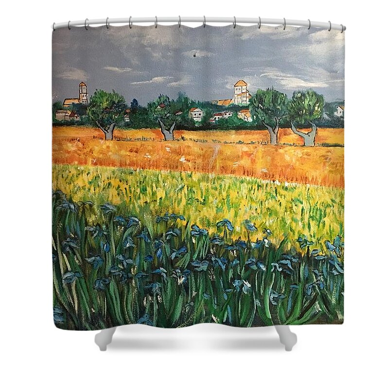 Wall Shower Curtain featuring the painting My View of Arles with Irises by Belinda Low