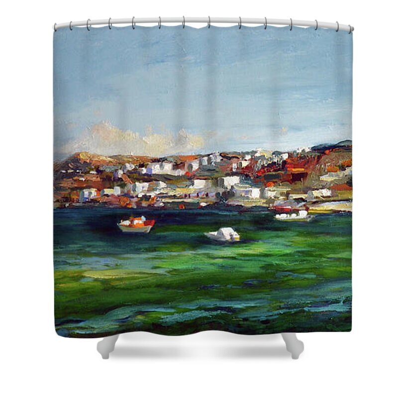  Shower Curtain featuring the painting Mykonos Harbour by Josef Kelly