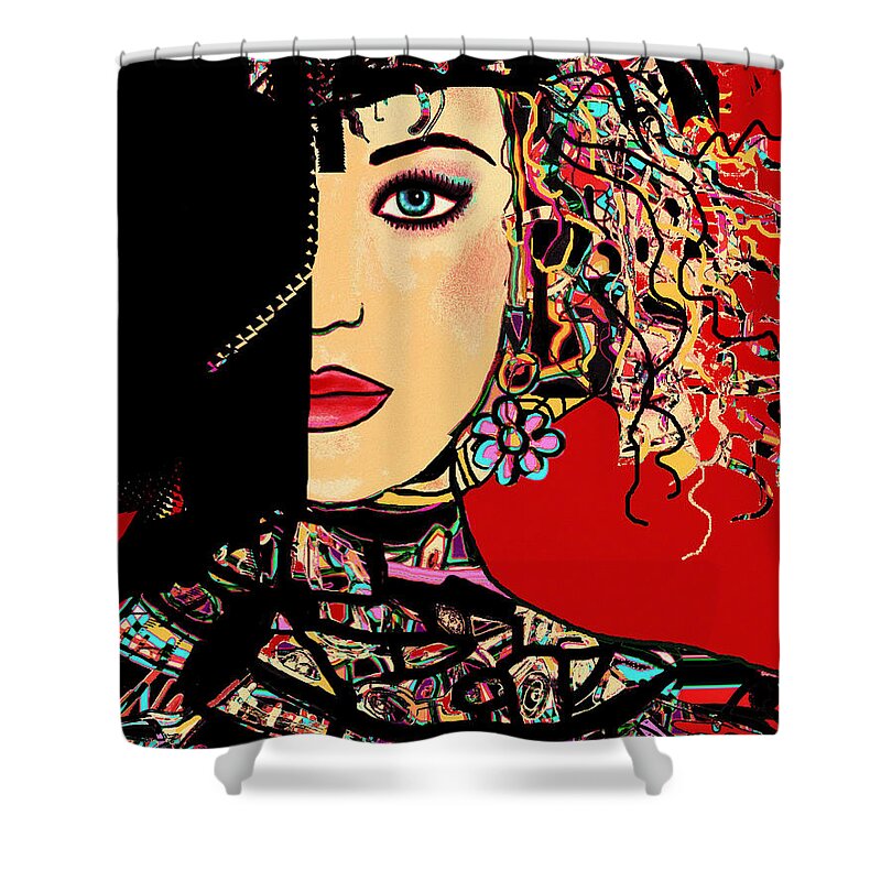 Woman Shower Curtain featuring the mixed media Mysterious Gaze by Natalie Holland