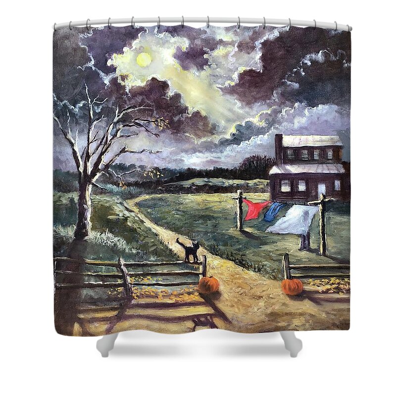 October Shower Curtain featuring the painting Mystery of the October Moon by Rand Burns