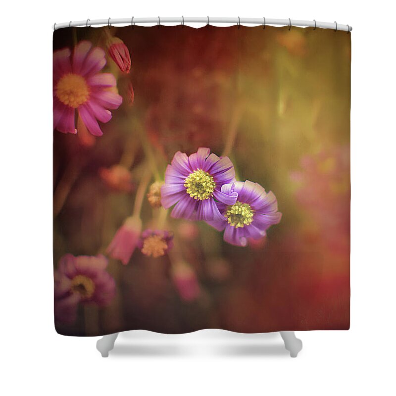 Mystic Flowers Shower Curtain featuring the mixed media Mystic Flowers by Gwen Gibson
