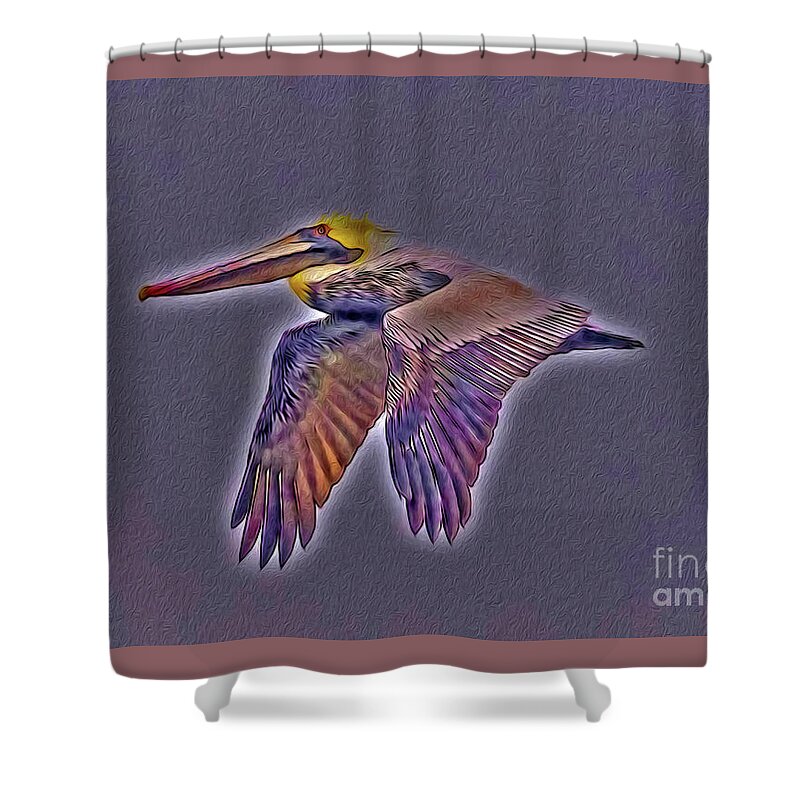 Brown Shower Curtain featuring the digital art Mystical Brown Pelican Soaring Spirit by DB Hayes