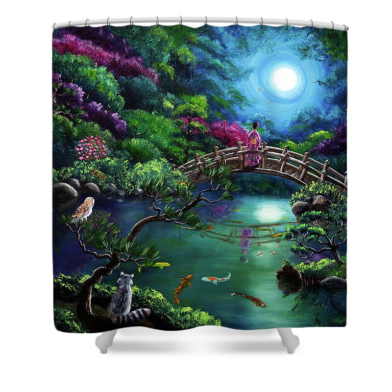 Japanese Shower Curtain featuring the painting Mystical Moon Gazing by Laura Iverson