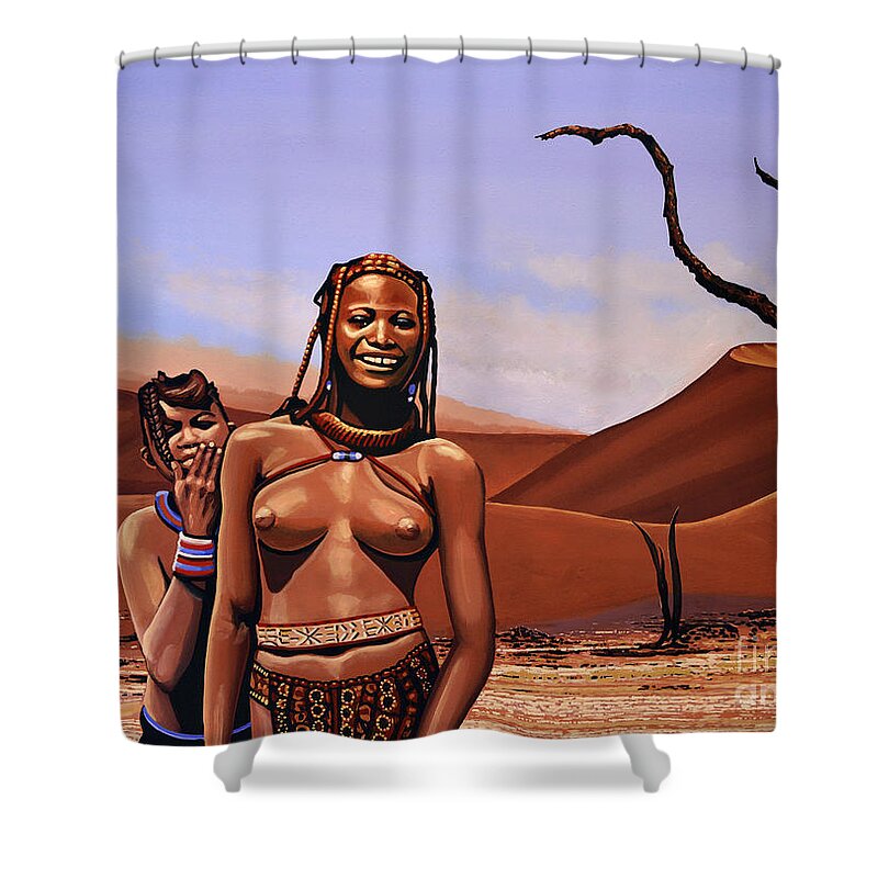 Namibia Shower Curtain featuring the painting Himba Girls Of Namibia by Paul Meijering