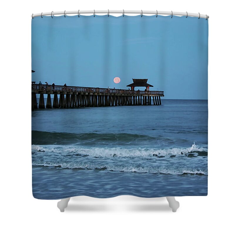 Florida Shower Curtain featuring the photograph Naples Pier - Setting Moon over the Pier by Ronald Reid