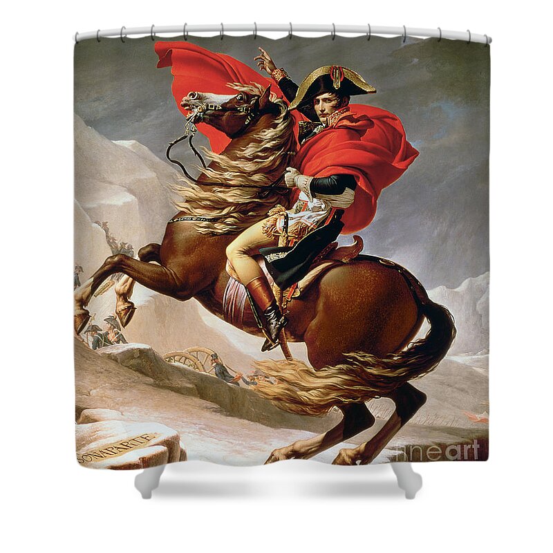 Bonaparte; Mounted; Portrait; Horse; Horseback; Male; Marengo; Rearing; Napoleon I; 1769-1821 Shower Curtain featuring the painting Napoleon Crossing the Alps by Jacques Louis David