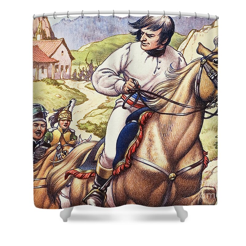Napoleon Shower Curtain featuring the painting Napoleon making a narrow escape with an Austrian cavalry patrol close on his heels by Pat Nicolle
