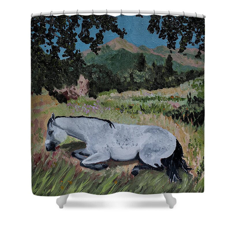 Landscape Shower Curtain featuring the painting Napping Horse by Jackie MacNair
