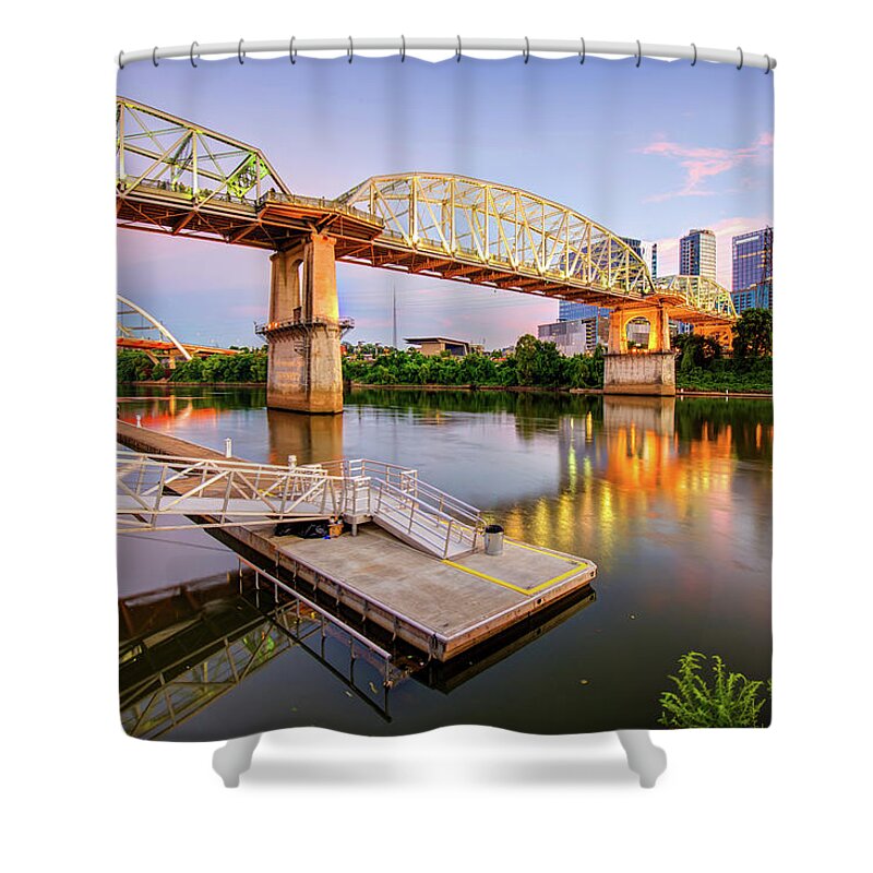 America Shower Curtain featuring the photograph Nashville Pedestrian and Gateway Bridge at Dusk by Gregory Ballos