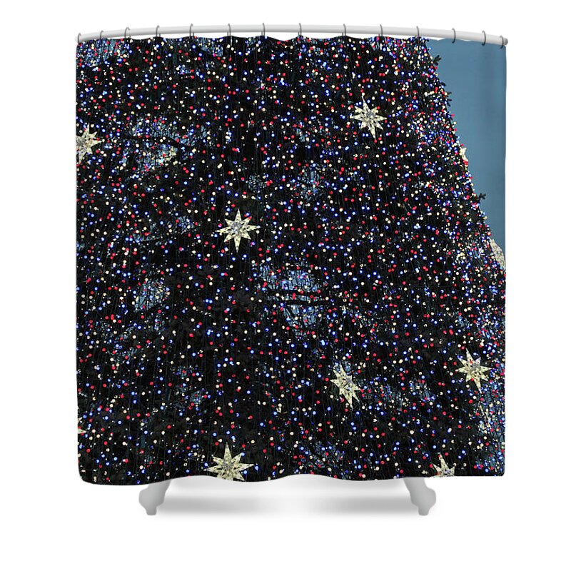 National Shower Curtain featuring the photograph National Christmas Tree And Washington Monument by Cora Wandel