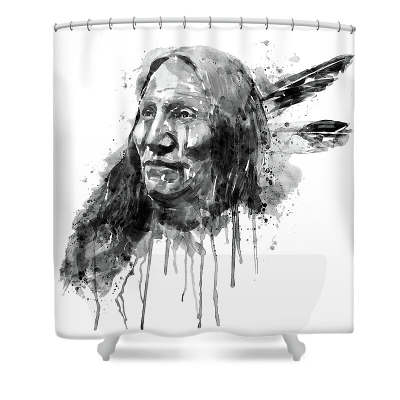 Native American Shower Curtain featuring the painting Native American Portrait Black and White by Marian Voicu