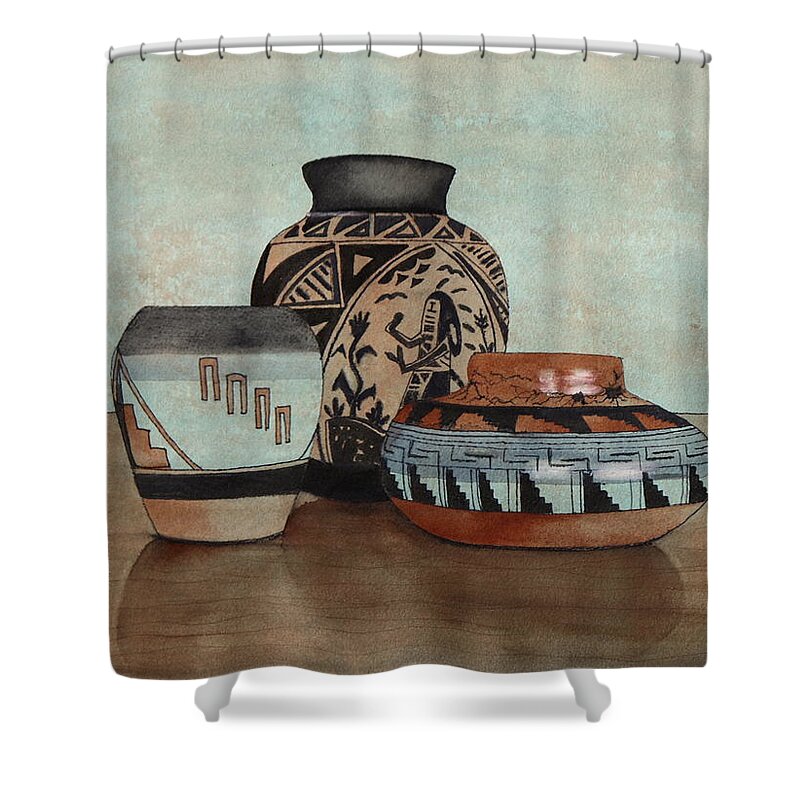 Black Shower Curtain featuring the painting Native Pots 1 Watercolor by Kimberly Walker