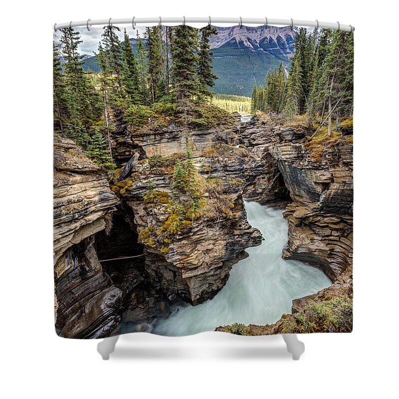 Athabasca Falls Shower Curtain featuring the photograph Natural flow of Athabasca Falls by Pierre Leclerc Photography