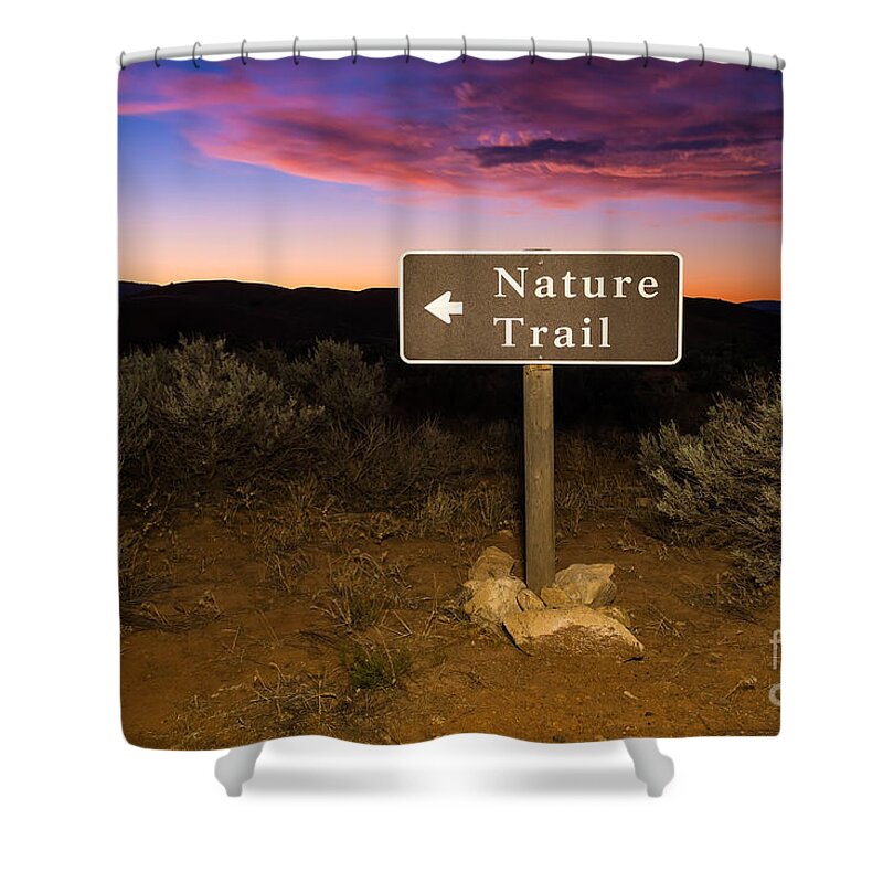Dramatic Sky Shower Curtain featuring the photograph Nature Trail Sign at Sunrise by Bryan Mullennix