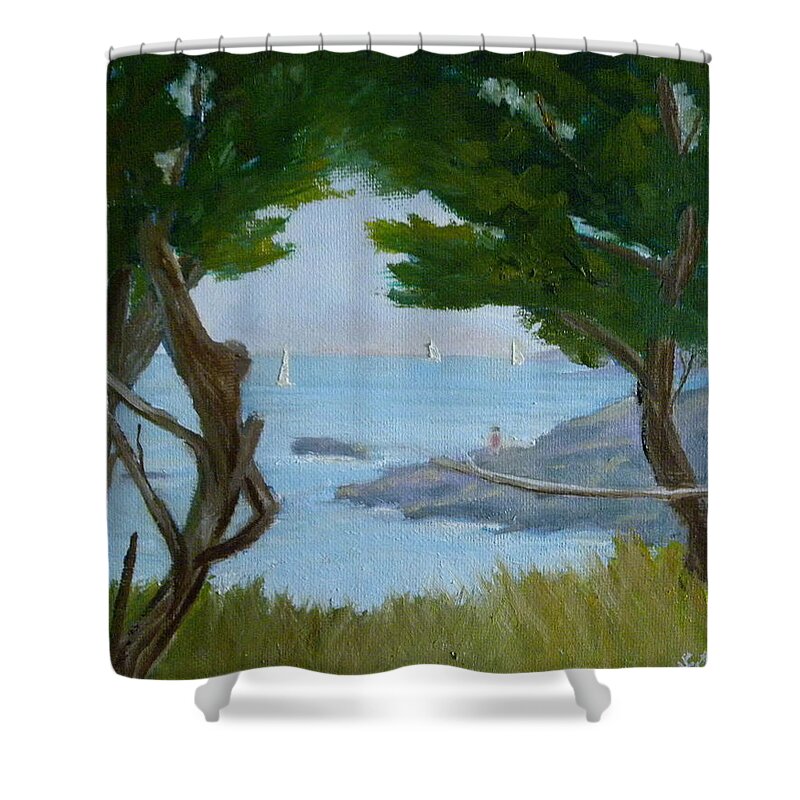 Ocean Seascape Landscape Sunlit Sailboats Shower Curtain featuring the painting Nature's View by Scott W White