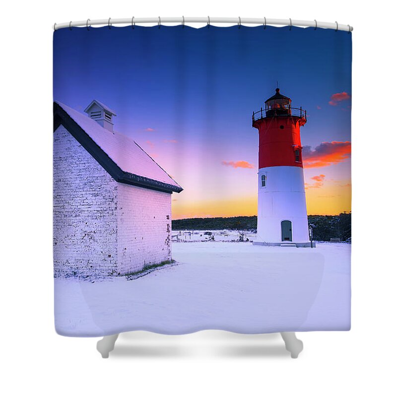 Usa Shower Curtain featuring the photograph Nauset Lighthouse Sunset, First Snow by Darius Aniunas