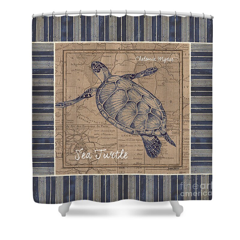 Sea Shower Curtain featuring the painting Nautical Stripes Sea Turtle by Debbie DeWitt