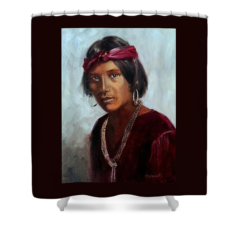 Navajo Shower Curtain featuring the painting Navajo Youth by Connie Schaertl