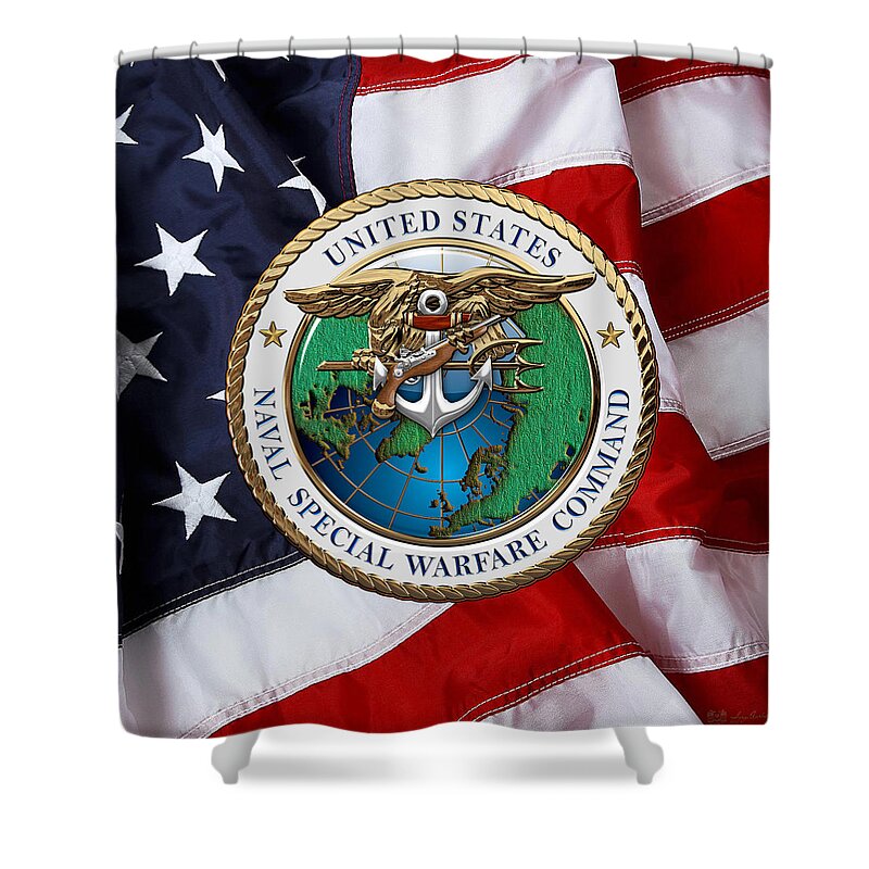 'military Insignia & Heraldry - Nswc' Collection By Serge Averbukh Shower Curtain featuring the digital art Naval Special Warfare Command - N S W C - Emblem over U. S. Flag by Serge Averbukh