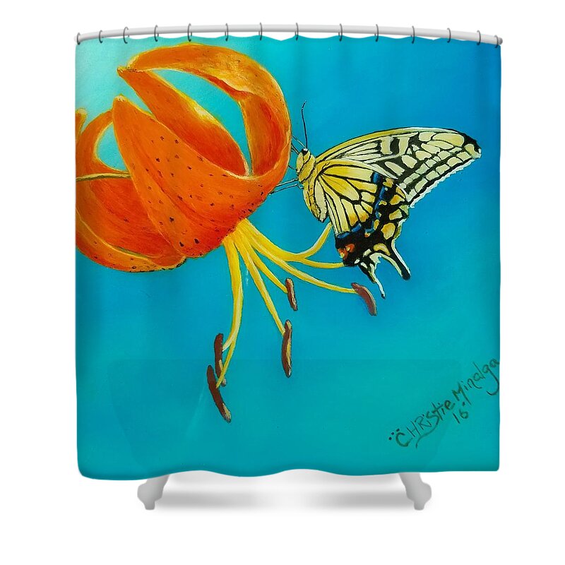 Yellow Butterfly Shower Curtain featuring the painting Nectar by Christie Minalga