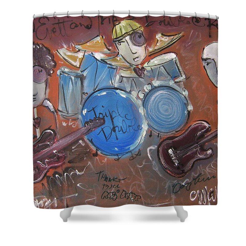 Ned Evett Shower Curtain featuring the painting Ned Evett and Triple Double by Laurie Maves ART