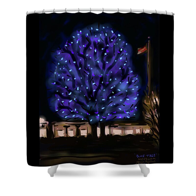 Needham Shower Curtain featuring the painting Needham's Blue Tree by Jean Pacheco Ravinski