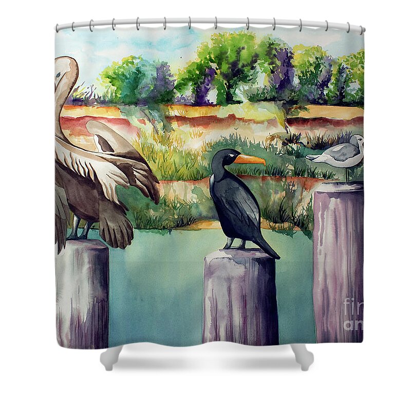 Birds Painting Shower Curtain featuring the painting Neighborhood Gossip by Kandyce Waltensperger