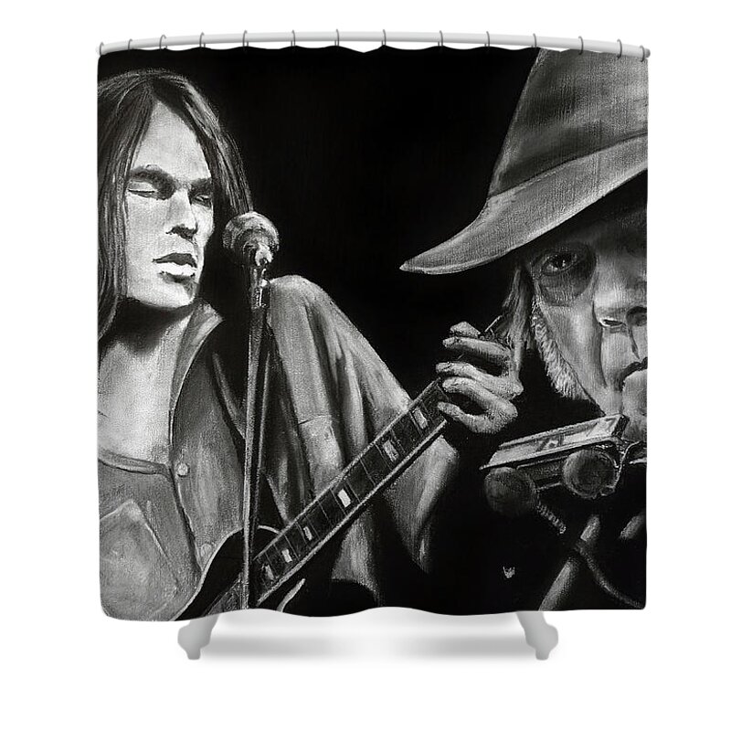 Portrait Shower Curtain featuring the drawing Neil Young and Neil Old by William Underwood