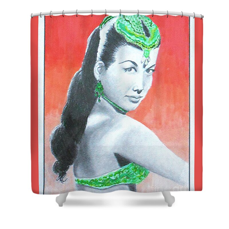 Belly Dancer Shower Curtain featuring the drawing Nejla -- Retro Portrait of Turkish Celebrity by Jayne Somogy