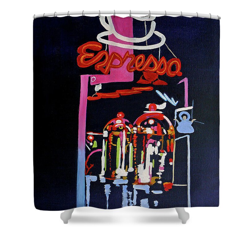 Neon Glow Shower Curtain featuring the painting Neon Glow,Brass n Copper Expresso Bar by Susan Duda
